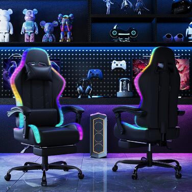 Геймерське крісло Devoko LED ергономічне офісне крісло з функцією масажу та телескопічною підставкою для ніг, регульована спинка (90-135), для геймерів вагою до 150 кг, дизайн, що не турбує очі, насичений чорний колір