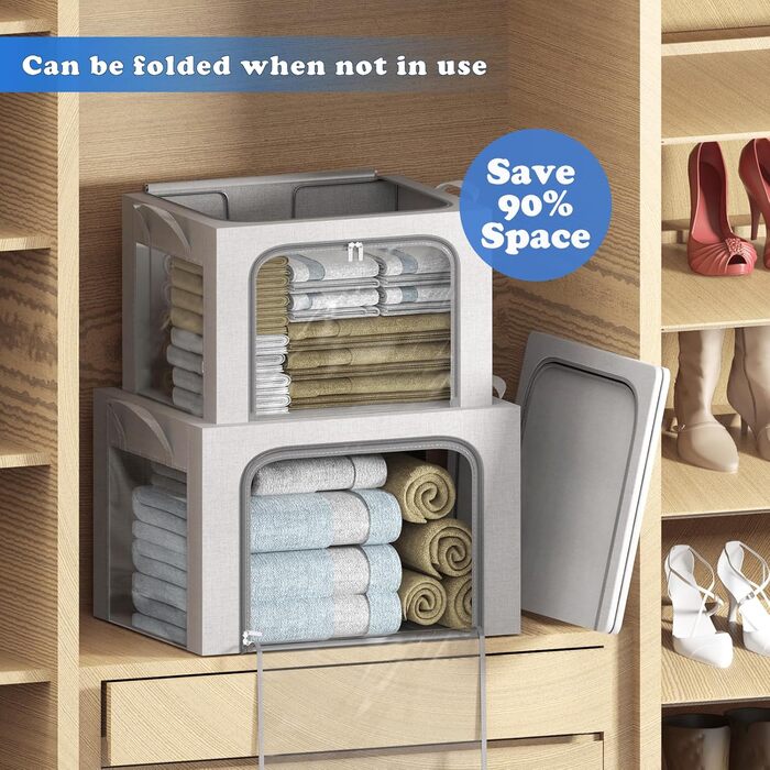 Коробка для зберігання одягу з 2 предметів, складна коробка для зберігання одягу з металевим каркасом та 3 віконцями, сумка для зберігання ковдр, пледів та одягу, сіра (24 л) 2 предмети - сірий - 24 л