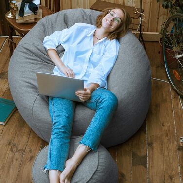 Пуф-мішок Lumaland (50 л) Компактний крісло-мішок з функцією 3-в-1 зручний стілець, практичний бічний столик та стильна підставка для ніг З гнучким наповнювачем з пінополістиролу Ø 25 x 45 см Світло-сірий