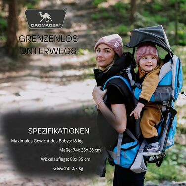Дитяча коляска Dromader Kraxe до 22 кг дитяча коляска для походів із сонцезахисним навісом, дощовиком, термосумкою, пеленальним ки