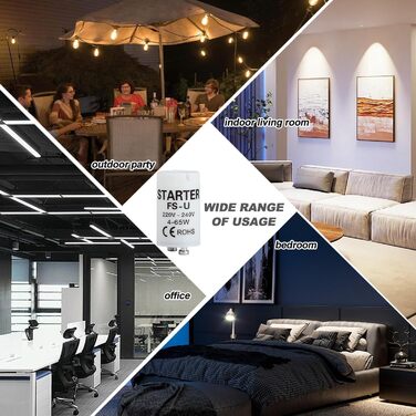 Пакет із 6 стартерів, люмінесцентний пускач FS-U, 4-65 Вт, 220-240 В, надійний пускач розпалу для окремих ланцюгів люмінесцентних ламп, безпечний та ефективний для патронів УФ-стрічок клас енергоспоживання G