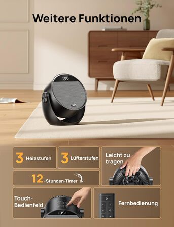 Енергозберігаючий маленький, тихий портативний вентилятор-обігрівач Dreo потужністю 1500 Вт з пультом дистанційного керування, термостатом, можливістю нахилу на 60, 8 функціями безпеки, керамічним нагрівальним елементом PTC, 12-годинним таймером, 3 режима