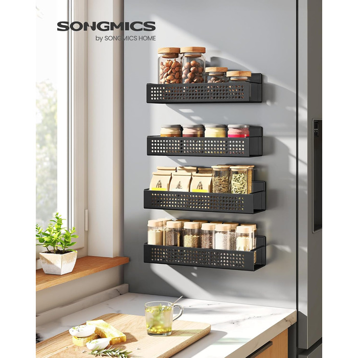 Магнітна полиця для спецій SONGMICS, набір з 4 шт. , 2 великі та 2 малі полиці, органайзер для спецій без свердління, магнітна полиця, для кухні, холодильника, мікрохвильової печі, пральної машини, чорний колір KCS061B01, легована сталь чорного кольору