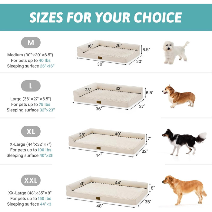 Ортопедичне ліжко для собак, диван для середніх або великих собак, великий підтримуючий кушетка з пінопласту з водонепроникною підкладкою, протиковзке, що прається, L-подібна, 44x32x7 дюймів, бежевий бежевий XL (111*81*17 см)