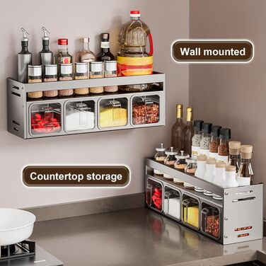 Підставка для спецій з банками для спецій, окремостояча та настінна підставка для спецій, банки для спецій з полицею, підставка/тримач для спецій, органайзер для спецій для кухонної стільниці та шафи, підвісні підставки для спецій (не потребує свердління)