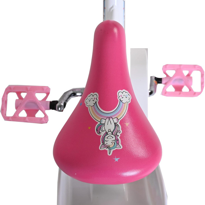 Дитячий велосипед Volare білий з сидінням-єдинорогом та рожевими ручками Ножне та ручне гальмо З додатковими колесами Комфорт та безпека Вік 35 років Легкий у збиранні Ідея для подарунка