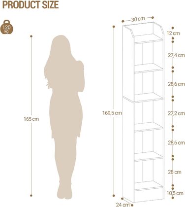 Книжкова полиця Hzuaneri, 6-ярусна стояча полиця, полиця для зберігання, полиця для колекційних предметів, регульовані панелі, для вітальні, офісу, 24 x 30 x 169,5 см, чорна BC06904 шт. 24 x 30 x 169,5 см чорна