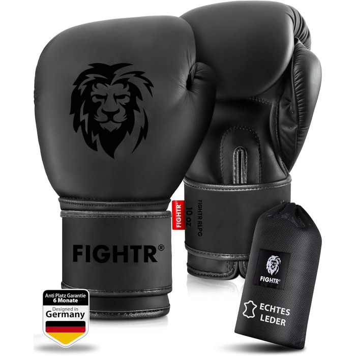 Боксерські рукавички FIGHTR Pro з натуральної шкіри Чоловічі та жіночі для боксу, MMA, муай-тай, кікбоксингу та бойових мистецтв 10, 12, 14, 16 унцій У комплекті сумка для перенесення 14 унцій, повністю чорного кольору