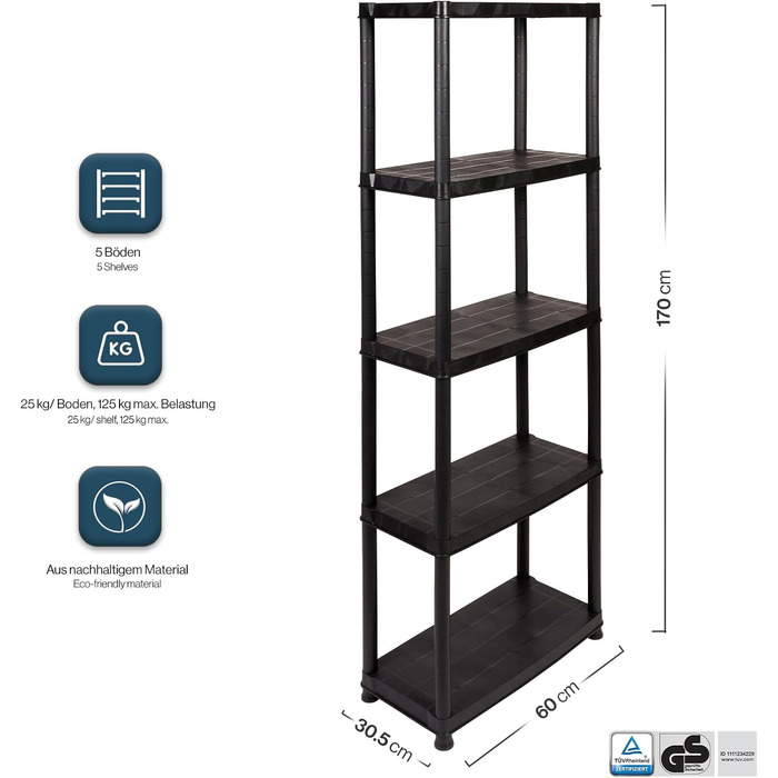 Пластиковий стелаж Kreher, 2-секційний, для зберігання речей, підлогова полиця з 5 полицями, максимальне навантаження 125 кг на полицю. 60 x 30,5 x 170 см (В). Сертифіковано TV Rheinland.
