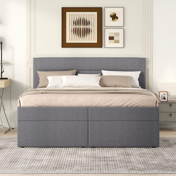 Ліжко з пружинним блоком 140x200 з ящиком для зберігання речей, м&39яке двоспальне ліжко з рейковим каркасом, ліжко, ліжка, каркас ліжка з місцем для зберігання речей, повний спальний гарнітур, ліжко з місцем для зберігання речей (сіре, двоспальне ліжко 1