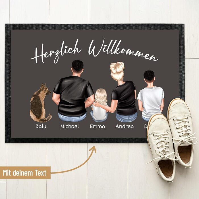 Килимок для дверей Сімейний від True Statements - персоналізований фігурками, іменами, собакою, котом - сімейний килимок для дверей, килимок для дверей, подарунок на новосілля, килимок для уловлювання бруду в нову квартиру - тонкий, нековзний, 50 x 35 см 