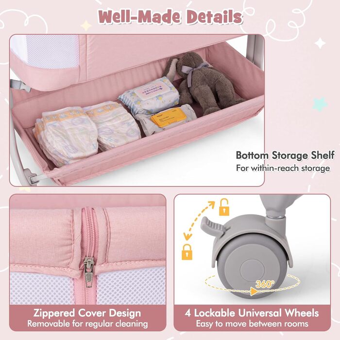Дитяче ліжечко FANTASK 3-в-1 з матрацом, мобільне дитяче ліжечко з 6 регулюваннями висоти, портативне дорожнє ліжечко з кошиком для зберігання та сумкою для перенесення для дітей до 6 місяців (рожеве)