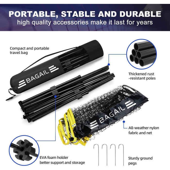 Сітка для бадмінтону BAGAIL, складна нейлонова сітка, регульована по висоті підставка та сумка для перенесення, легко встановлюється та знімається, ідеальна спортивна сітка для тенісу, бадмінтону або волейболу, 3M жовтий/чорний