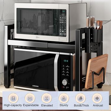 Полиця для мікрохвильової печі, розширювана з 6 гачками, 1 полиця для обробної дошки, органайзер для кухонних полиць, кухонна полиця для мікрохвильової печі, 2-рівнева полиця для мікрохвильової печі