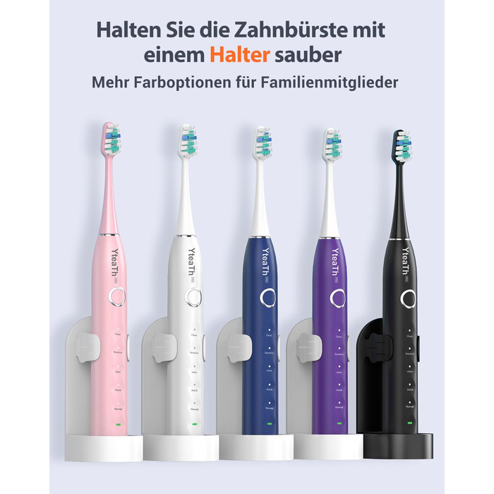 Електрична зубна щітка з 8 насадками (3 типи), звукова зубна щітка для дорослих, з таймером, до 120 днів роботи від акумулятора, 5 режимів чищення, дорожній футляр, настільна зарядна станція, колір чорний