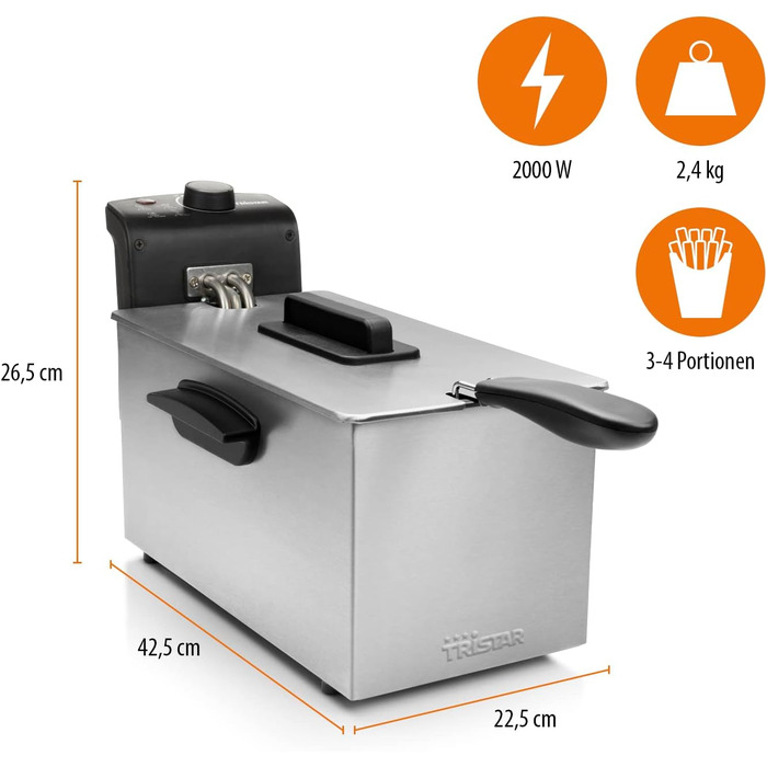 Фритюрниця Tristar 3 л, 2000 Вт, термостат, емальований контейнер, зона охолодження, FR-6946, сірий без вікна та фільтра