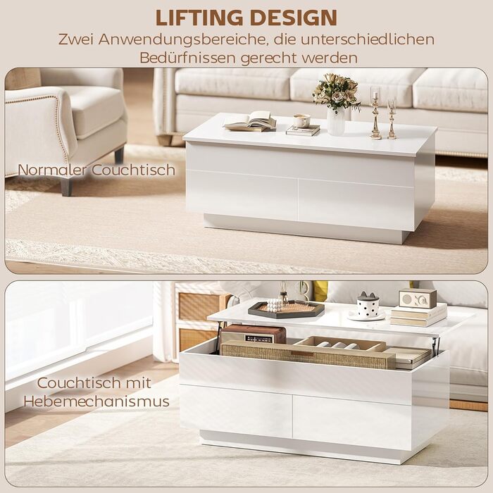 Журнальний столик HOMCOM з регульованою висотою, стіл для вітальні з підйомною стільницею, 2 шухлядами та прихованим місцем для зберігання, журнальний столик-диван для вітальні, білий глянець