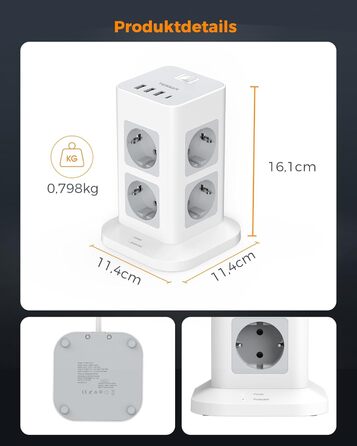 Місна розетка з USB C, захист від перенапруги з 3 USB і 1 USB C, розетка з вимикачем, подовжувач 2M для дому, 3600 Вт 2 метри, 8-