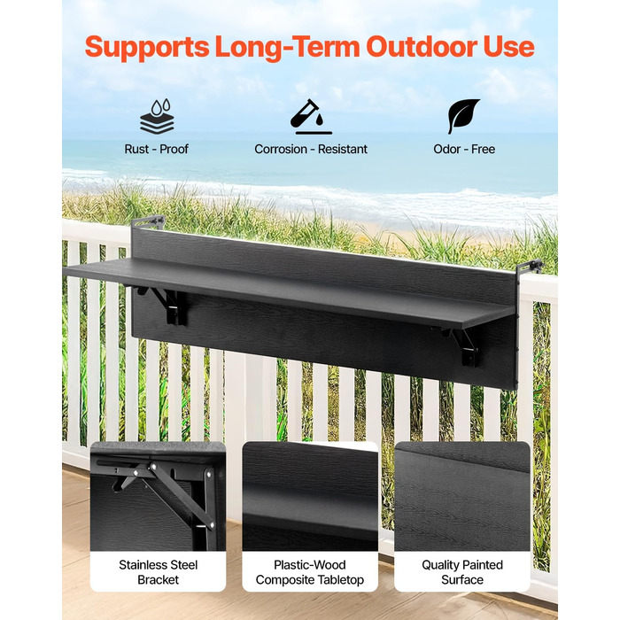 Балконний стіл VEVOR, 800x300 мм, Складаний підвісний балконний стіл, Розкладний стіл для використання на вулиці, Вантажопідйомність 22 кг, Підходить для перил від 25,4 до 109,22 мм, Сервірувальний стіл для тераси та палуби 800 x 450 x 240 мм