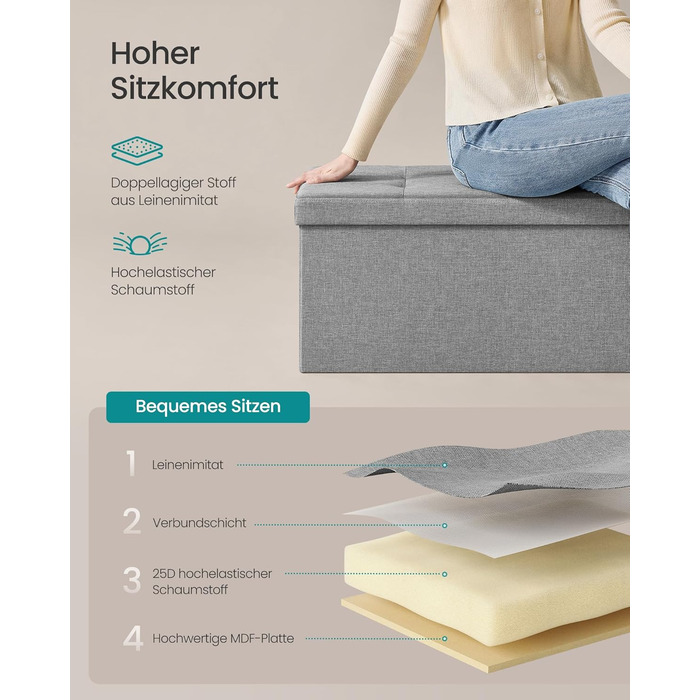 Пуф для зберігання SONGMICS, Складана лавка, Пуф для ніг 38 x 110 x 38 см, Коробка для зберігання, Вантажопідйомність до 300 кг, для вітальні, спальні, коридору, Попелясто-сірий LSF77G 110B см Попелясто-сірий