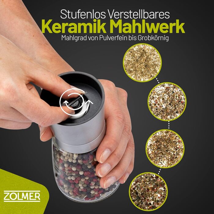 Набір млинів для спецій ZOLMER з 2 шт. з регульованим керамічним подрібнювачем - Noble salt mill & pepper mill виготовлений з високоякісної нержавіючої сталі - Також доступний як млин для чилі без вмісту спецій