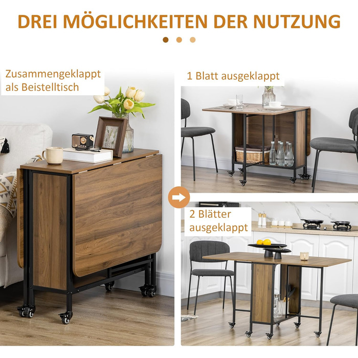 Розкладний обідній стіл HOMCOM, мобільний розкладний стіл з відкритою полицею, обідній стіл, кухонний стіл для невеликих приміщень, кухня, їдальня, 130 x 80 x 74 см, коричневий