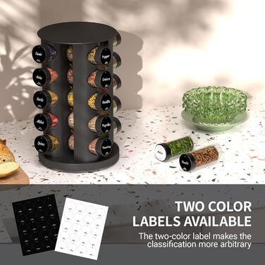 Кругла чорна підставка для спецій з 20 чорними круглими банками для спецій, карусель для спецій з нержавіючої сталі, що обертається на 360, органайзер для спецій, підставка для спецій, банки для спецій зі вставкою-шейкером, кругла банка для спецій B 20
