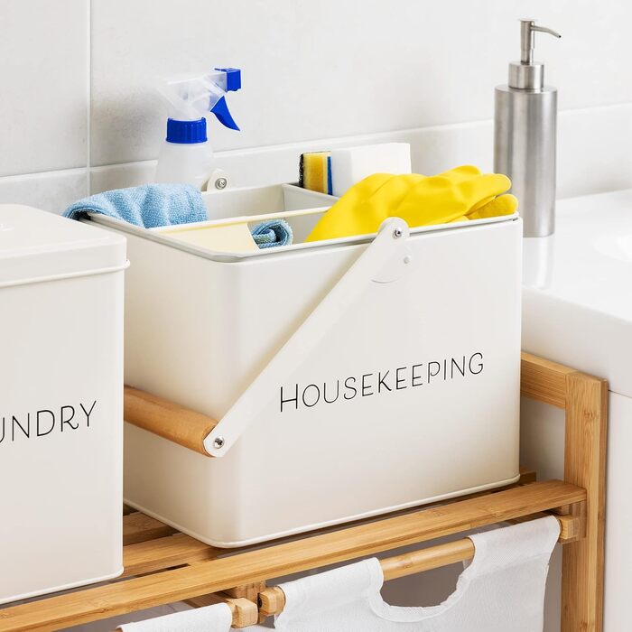 Коробка для домашнього господарства Navaris - 3 знімні відділення - Органайзер для засобів для чищення з ручкою для зберігання посуду - Вінтажний кошик для прибирання - Білий матовий