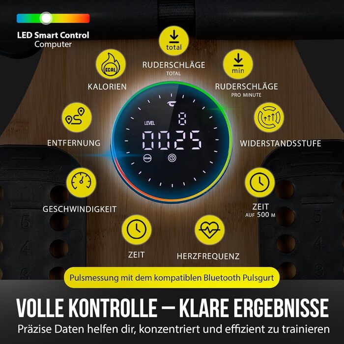 Складаний водний гребний тренажер Christopeit для домашнього використання WP5000 або Colorado - дерев&39яний гребний тренажер, гібридна система водно-магнітних систем, Kinomap, Bluetooth Colorado - бамбук