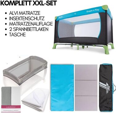 Дитяче ліжечко Hauck Dream N Play XXL з матрацом, сіткою від комах, підстилкою та простирадлом на ремені - Складане дитяче ліжечко з сумкою - Водяний блакитний