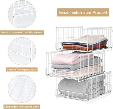 Організатор для шафи з 3 предметів, штабелювана коробка для зберігання, органайзер для шухляд шафи, металева полиця, складна система організації гардеробу для дому, білий, великий