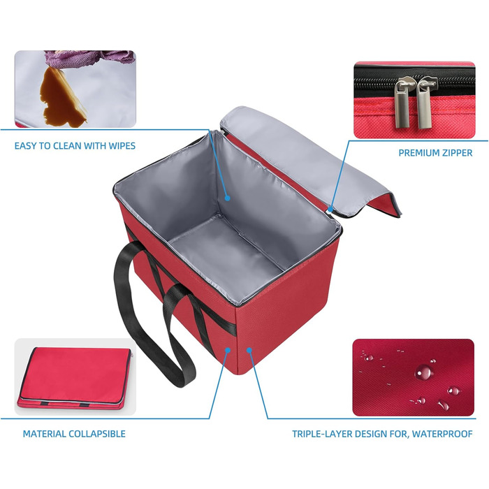 Велика складна сумка-холодильник об&39ємом 38 літрів, термосумка для покупок, вміщує 20 кг, ідеально підходить для ізольованих сумок для покупок, сумок для пікніка та подорожей на природі. Червоного кольору.