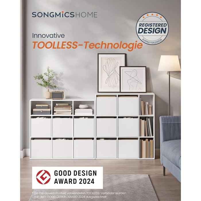 Книжкова полиця SONGMICS HOME, надшвидке складання без інструментів, технологія без інструментів, полиця з 9 відділеннями, окремостояча полиця, 6 шухляд з тканини, система полиць, 27 x 83 x 91,8 см, білосніжний колір LBC199W01, 9 рівнів (91,8 висоти см)