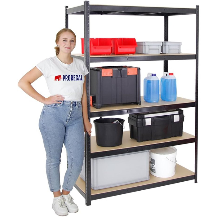 Міцний стелаж Taurus Black 180x120x60 см з вантажопідйомністю 175 кг Стелаж для підвалу, стелаж без болтів, гаражний стелаж, стелаж для зберігання 2-елементний - 180x120x60 см Чорний, 2 шт.