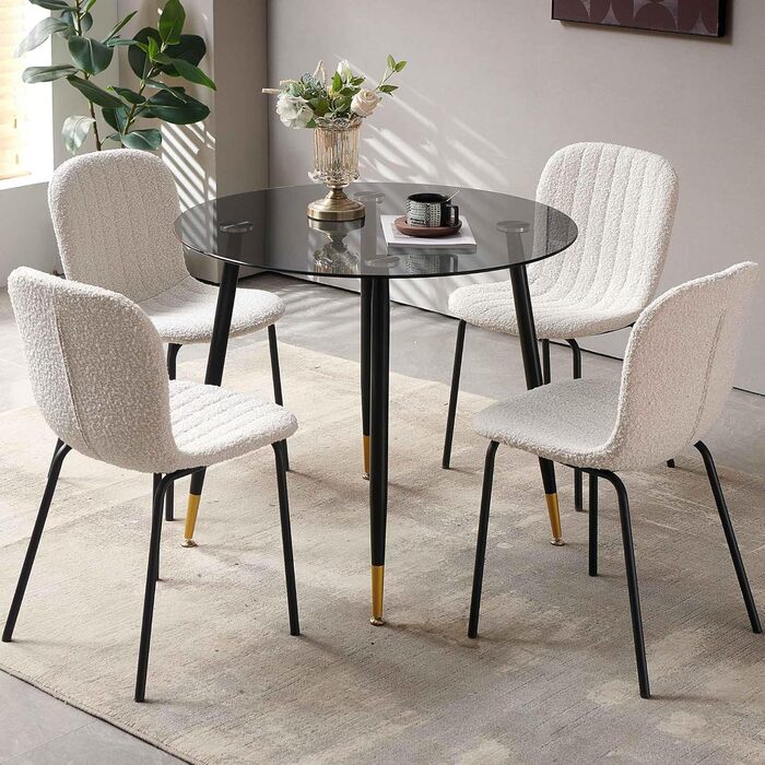 Обідні стільці NORDICANA, Комплект з 4 шт. , Кухонні стільці, Стілець букле, Обідній стілець, Ретро-дизайн, Металеві ніжки, Для їдальні, Вітальні, Кухні, Спальні та Вітальні (Бежевий)