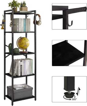 Книжкова полиця YMYNY, 5-рівнева полиця для зберігання, полиця для рослин, стійка для зберігання зі сталевим каркасом, для вітальні, офісу, кабінету, коридору, індустріальний стиль, чорна HBC005B 147 см чорного кольору