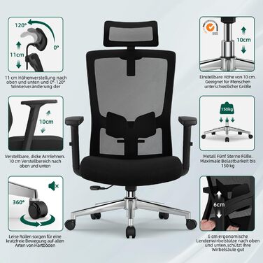 Ергономічне офісне крісло, ергономічне офісне крісло з регульованою поперековою опорою, підлокітниками та підголівником, обертове офісне крісло 150 кг, крісло для керівника з функцією гойдання до 135, чорне, варіант 1