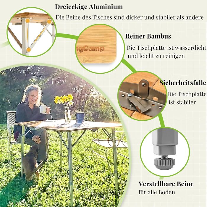 Бамбуковий кемпінговий стіл KingCamp, розкладний стіл 100x72 см для 4-6 осіб, міцна алюмінієва рама, 3 налаштування висоти з сумкою для перенесення для саду, пікніка, кемпінгу, використання на свіжому повітрі та 3 фіксовані висоти, 100 x 72 см