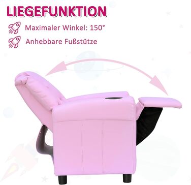 Дитячий диван HOMCOM, Дитяче крісло з підставкою для ніг, підлокітниками, підставками для чашок, регульованою спинкою, розкладний диван, Дитячий диван, Крісло для відпочинку, Дитячий диван для хлопчиків та дівчаток 3-6 років, Рожевий