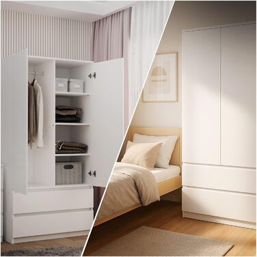 Шафа CDF Біла, ширина 90 см, дитяча кімната, спальня, 2 шухляди, 2-дверна шафа, сучасний вигляд, все для складання, одяг, іграшки