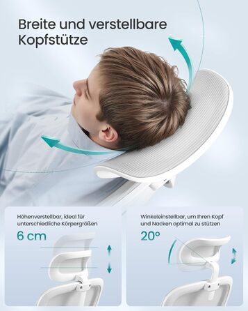 Офісний стілець SONGMICS, стілець для столу, ергономічний сітчастий стілець, з двошаровою сітчастою тканиною, повітропроникний, адаптивна поперекова підтримка, регульований підголівник, для домашнього офісу, колір голубий сірий OBN041G01 з підголівником