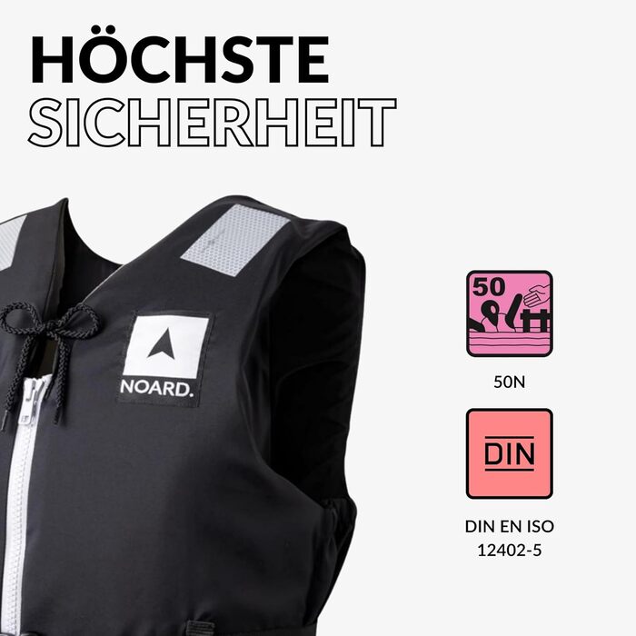 Рятувальний жилет NOARD 5 розмірів Black Edition 25-120 кг EN ISO 12402-5 CE (50 N) Жилет із міцного пінопласту чорного кольору 30-50 кг