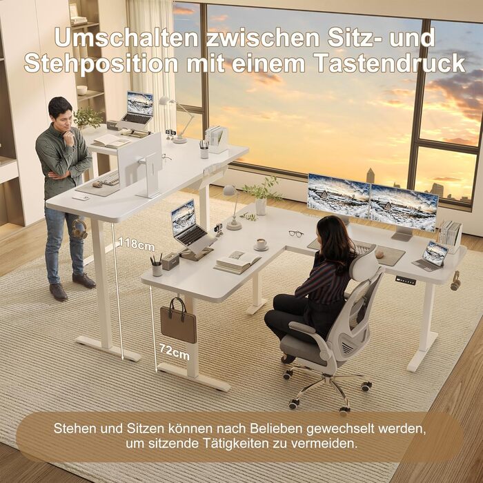 Г-подібний стіл з регульованою висотою, електричним керуванням та 3 налаштуваннями пам&39яті, кутовий стіл 160 x 140 см з органайзером для кабелів та гачками, ергономічний комп&39ютерний стіл, білий, 160 x 140 см
