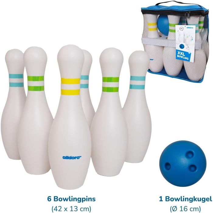 Боулінг-гра з 6 кеглями та кулею, кеглі 42 см, стабільна, наповнювана, міцна та водонепроникна, включаючи сумку для перенесення, вік 3, 60131 XXL