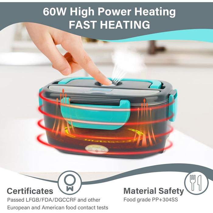 Електричний ланчбокс VMUTGA 1,5 л, 60 Вт, з підігрівом від 12В/24В/220В. Термоконтейнер для гарячих обідів з сумкою, виделкою та ложкою з нержавіючої сталі для автомобіля, вантажівки, офісу.
