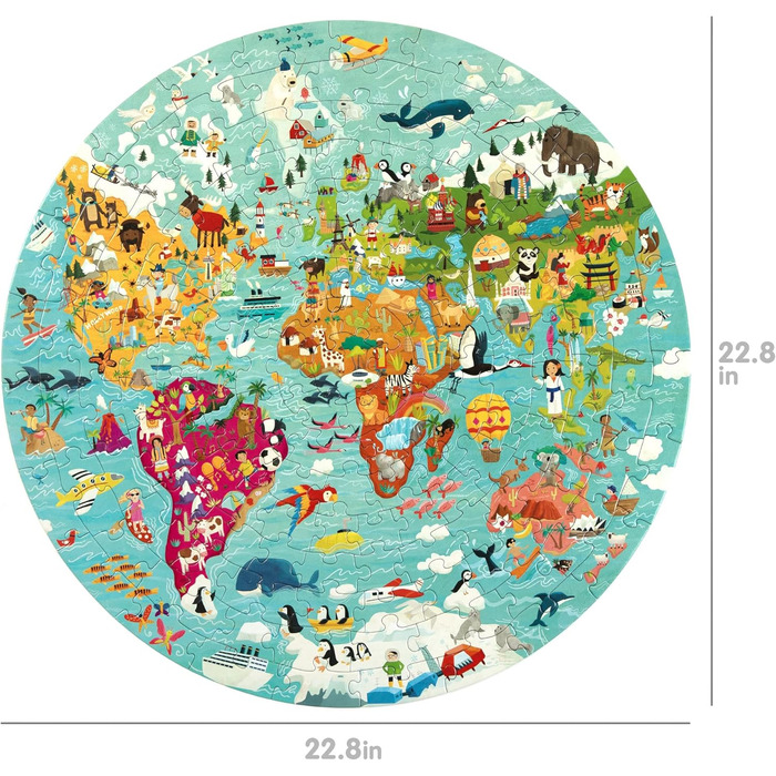Круглий пазл boppi World Map зі 100 переробленого картону, 150 елементів із тваринами для дітей 3 4 5 6 7 8 років, діаметр 58 см