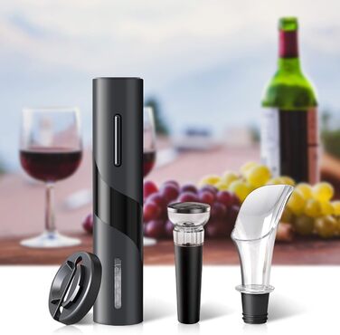 Електричний набір відкривачів для винних пляшок, акумуляторний електричний штопор, автоматичний відкривач для вина Відкривачка для пляшок з різаком для фольги, вакуумна пробка та наливник вина для сімей, вечірок (чорний) автоматичний 4-в-1 чорний