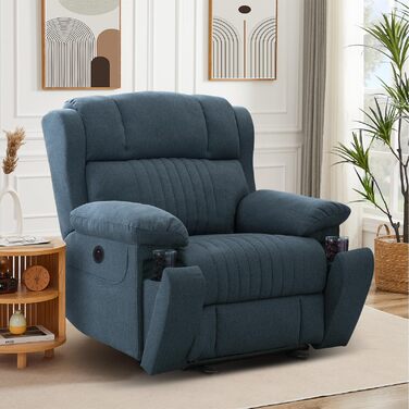 Електрично регульоване крісло для телевізора, крісло-реклайнер з функцією лежання, крісло для телевізора з функцією масажу та підігріву, приховані підстаканники, порти типу C та USB, до 160 кг (синій)