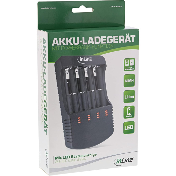 Зарядний пристрій InLine 01287L для літієвих та нікель-кадмієвихнікель-металгідридних акумуляторів з функцією зовнішнього акумулятора (зовнішнього акумулятора)