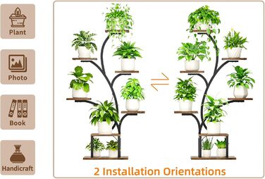 Кімнатна підставка для рослин з лампами для вирощування, 7-рівнева полиця для кімнатних рослин, 124,5 см, кутова підставка для кімнатних рослин, металева полиця, дерево коричневого чорного кольорів